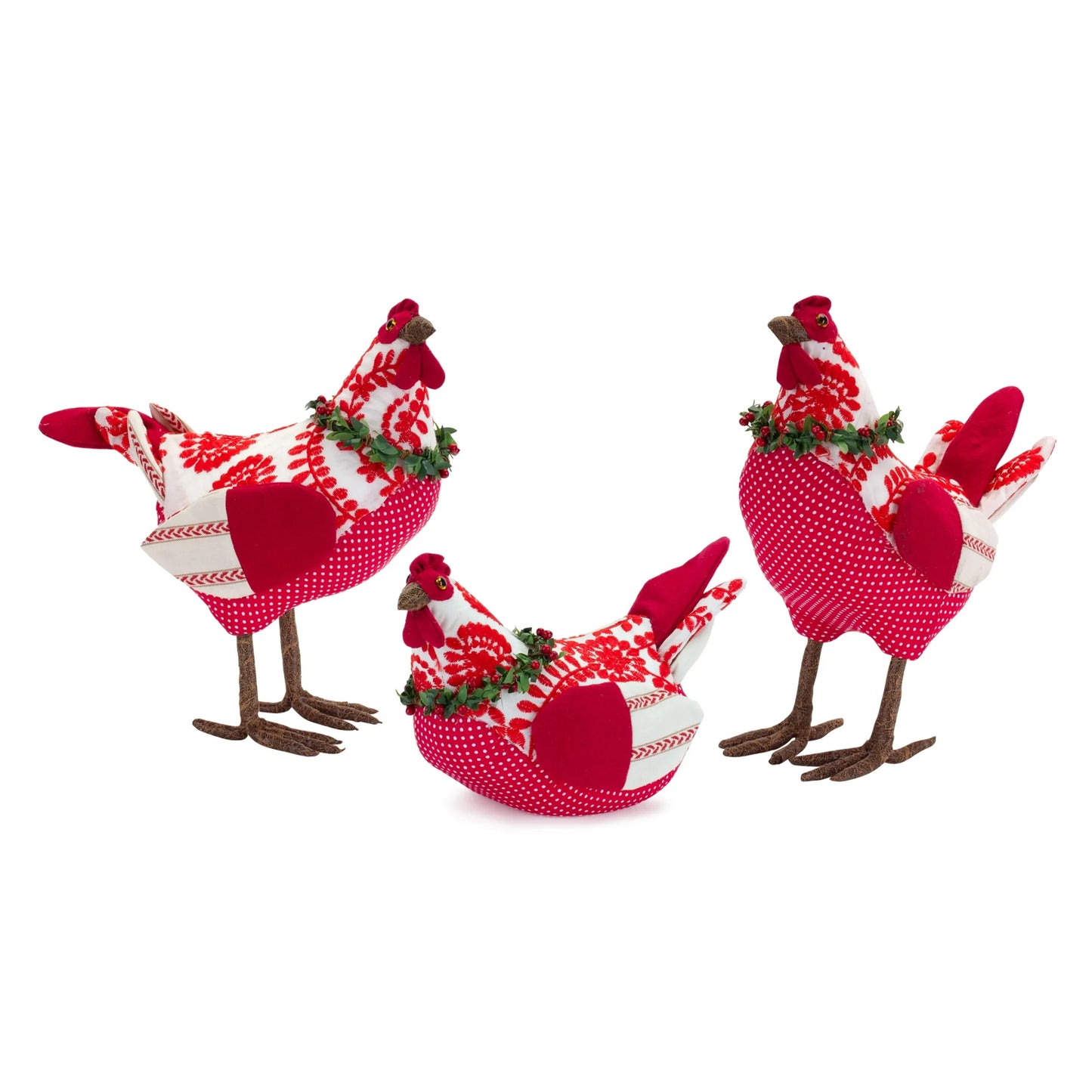 French Hens (Set of 3) 6.5"H, 11.5"H, 12"H Fabric